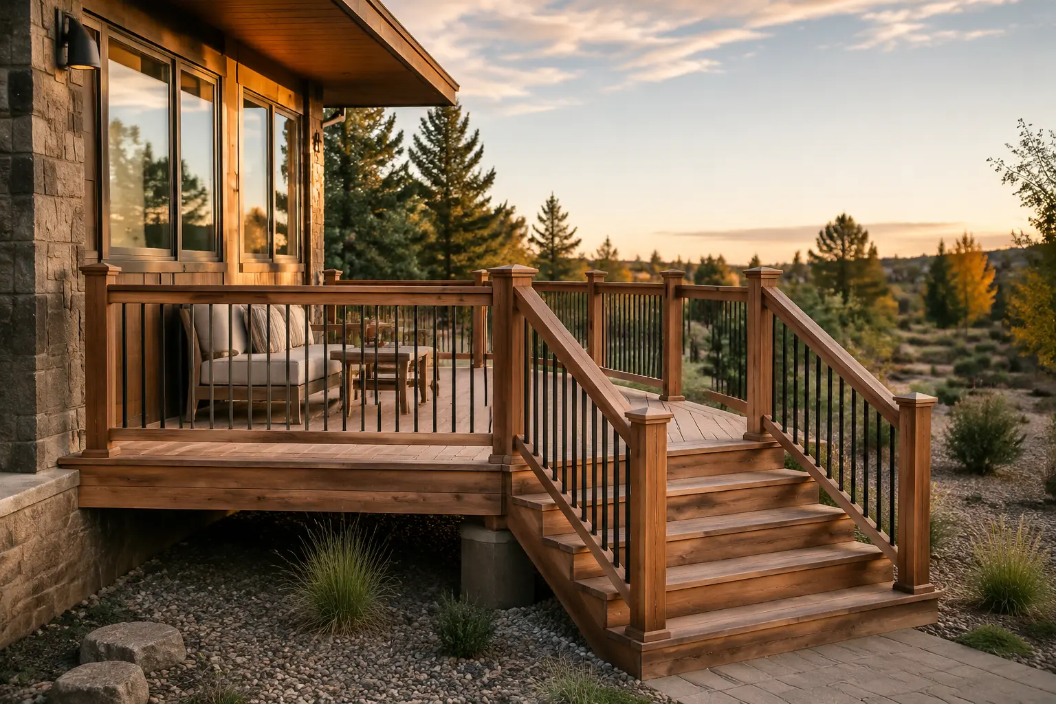 Completed natural cedar deck with dark balusters, broad stairs, and drought-conscious landscaping
