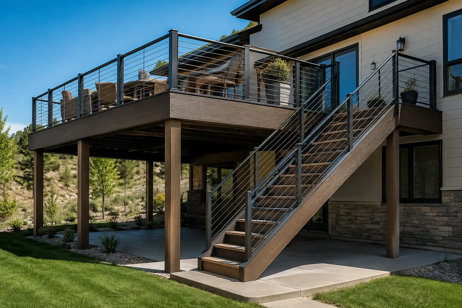 Completed elevated deck showing the finished structure, stairs, guards, and connection to the home