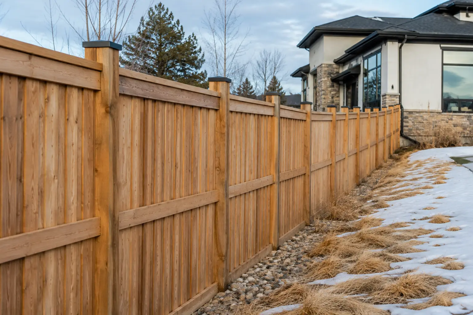 Completed cedar residential fence following a gentle grade with consistent posts and cap detail