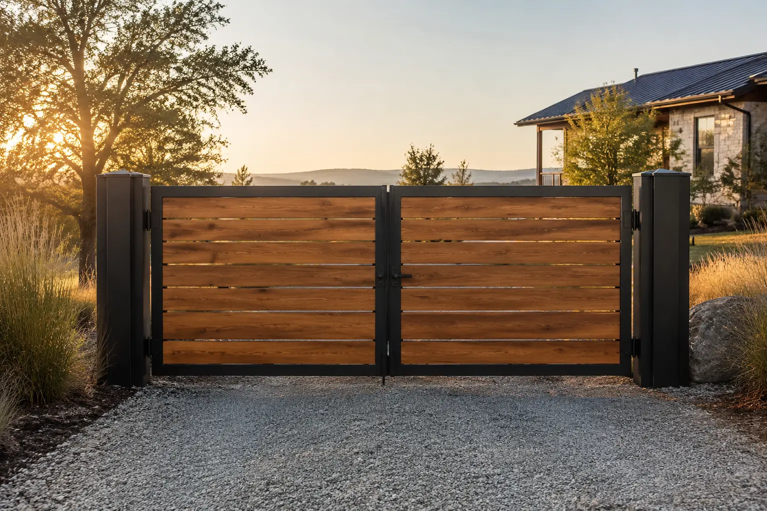 Premium double driveway gate with steel frames, cedar infill, substantial posts, hinges, and center latch