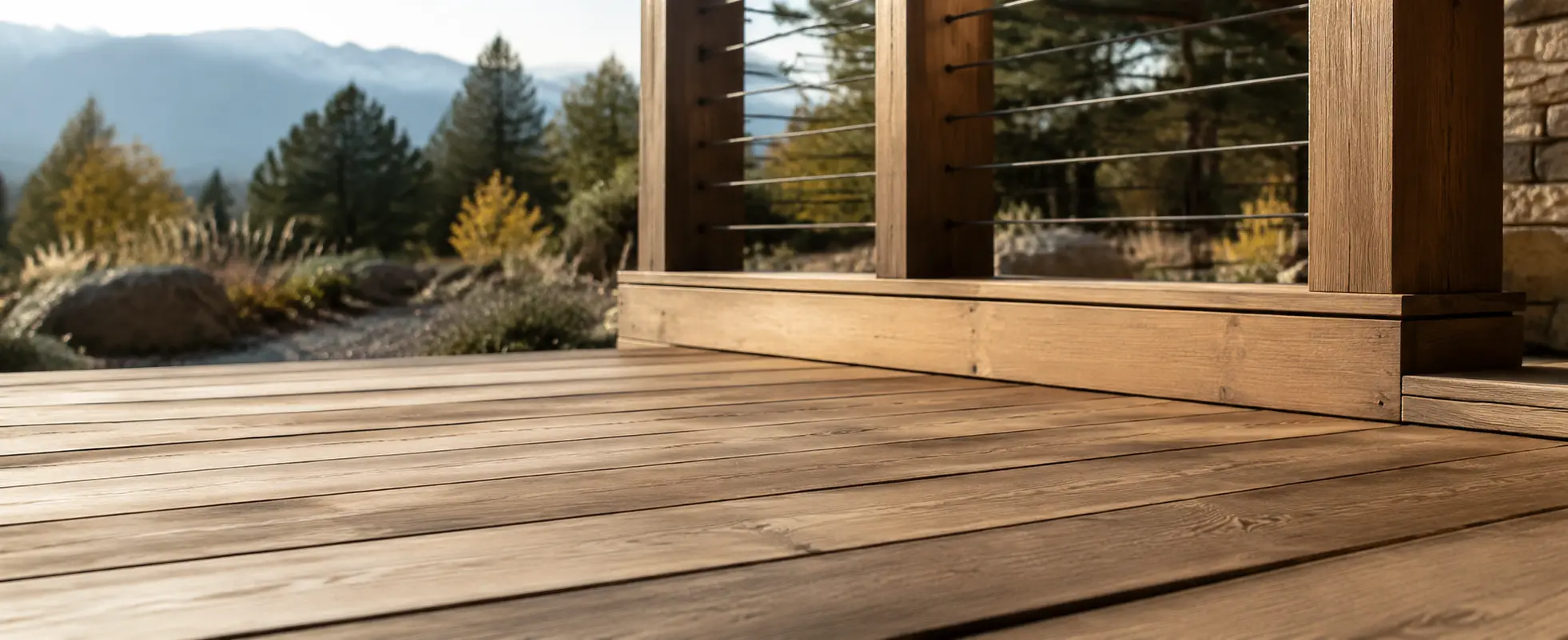 Finished cedar deck surface and guard detail in a completed outdoor setting