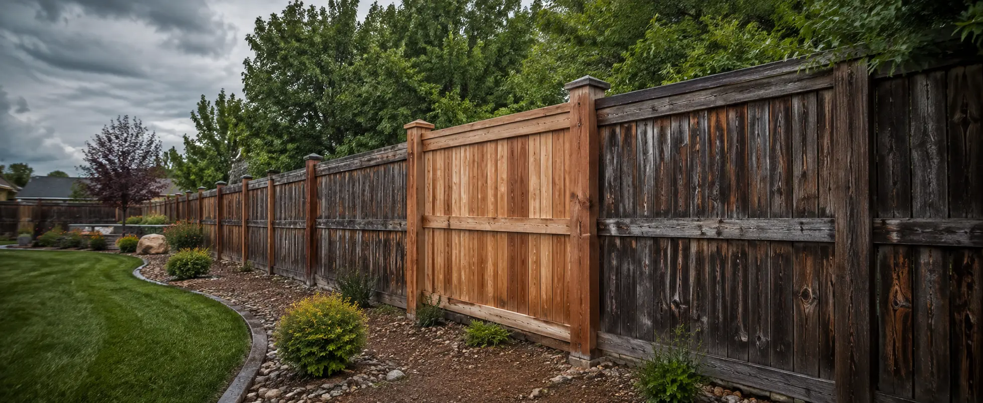 Localized new cedar fence section integrated into an older weathered fence run