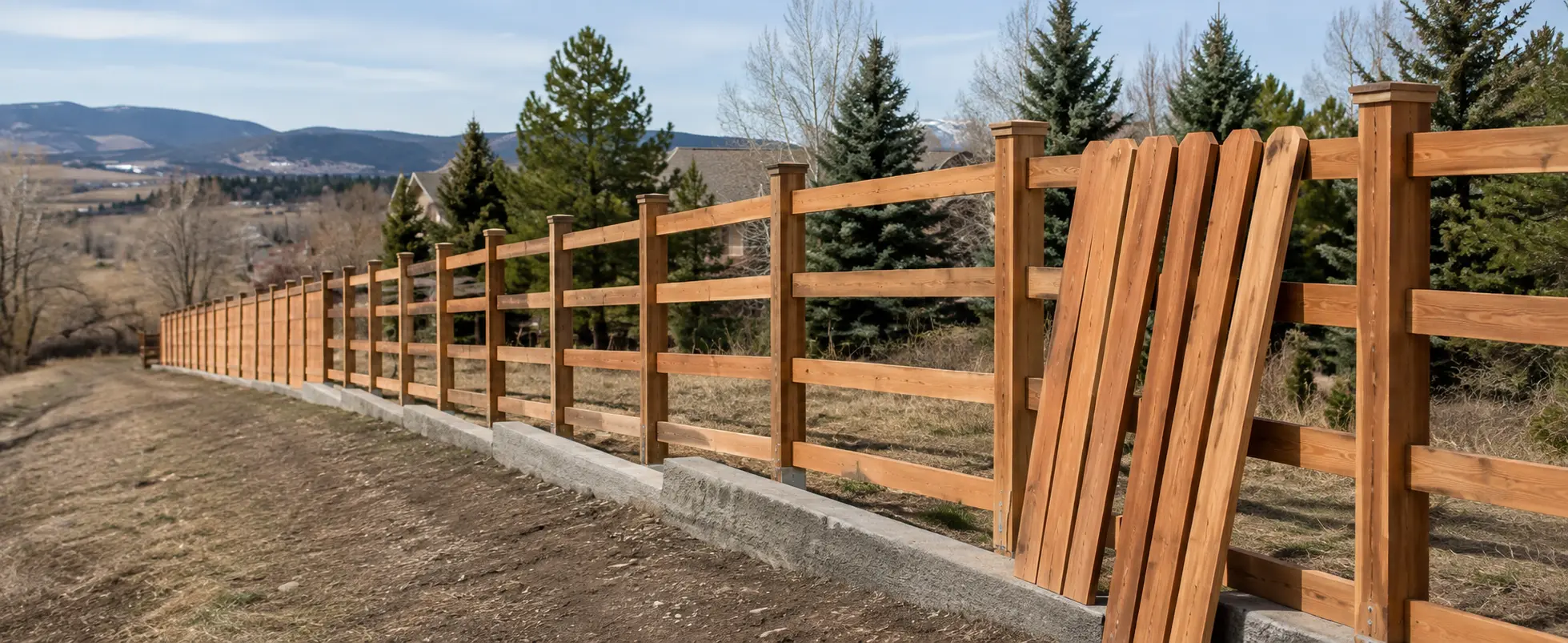 Cedar fence construction with plumb posts, aligned rails, and staged pickets along a grade