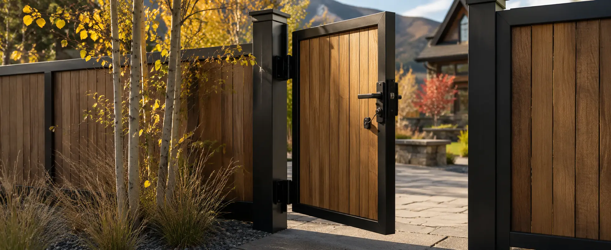 Steel-framed cedar pedestrian gate showing robust hinges, latch hardware, and swing clearance