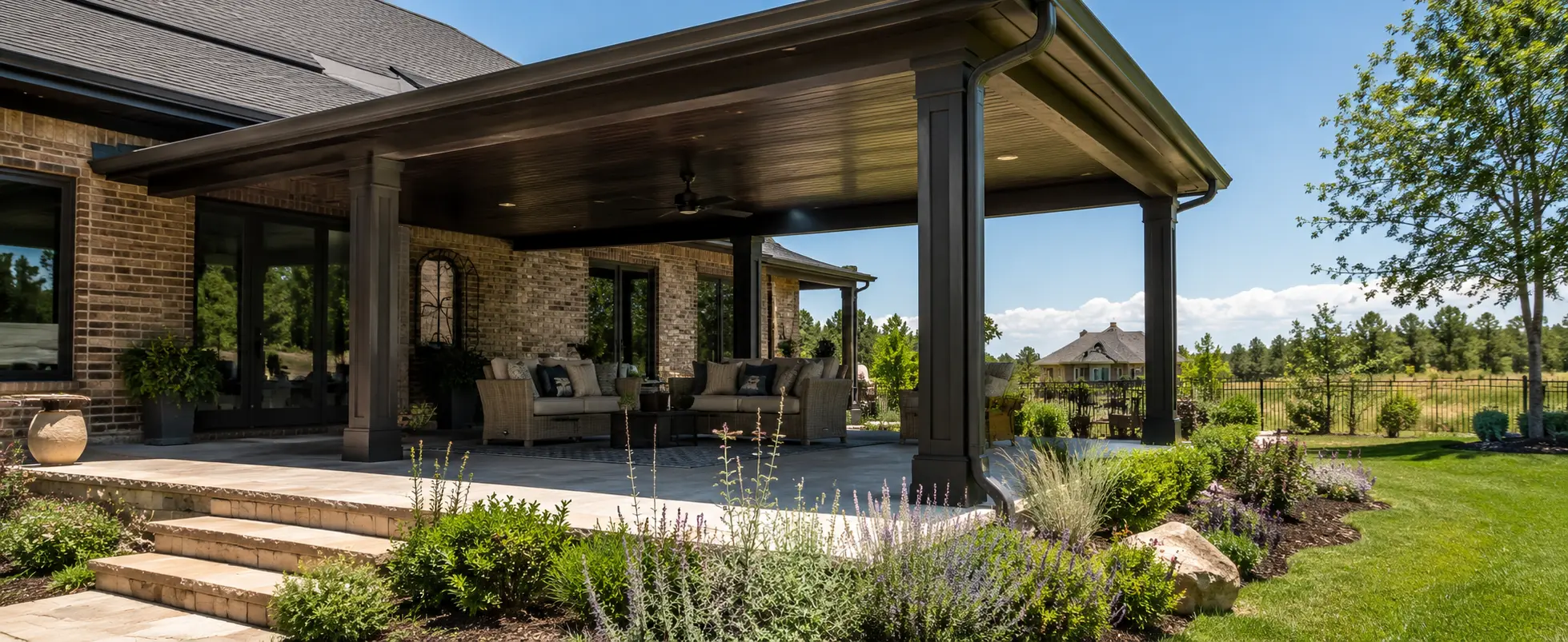 Completed attached solid-roof patio cover with posts, gutter, shaded seating, and garden connection