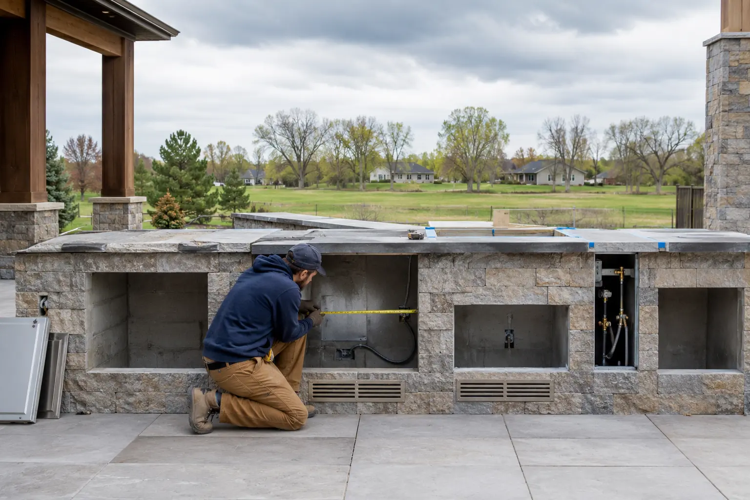 Outdoor kitchen installation showing masonry enclosure, appliance openings, ventilation, and utility access