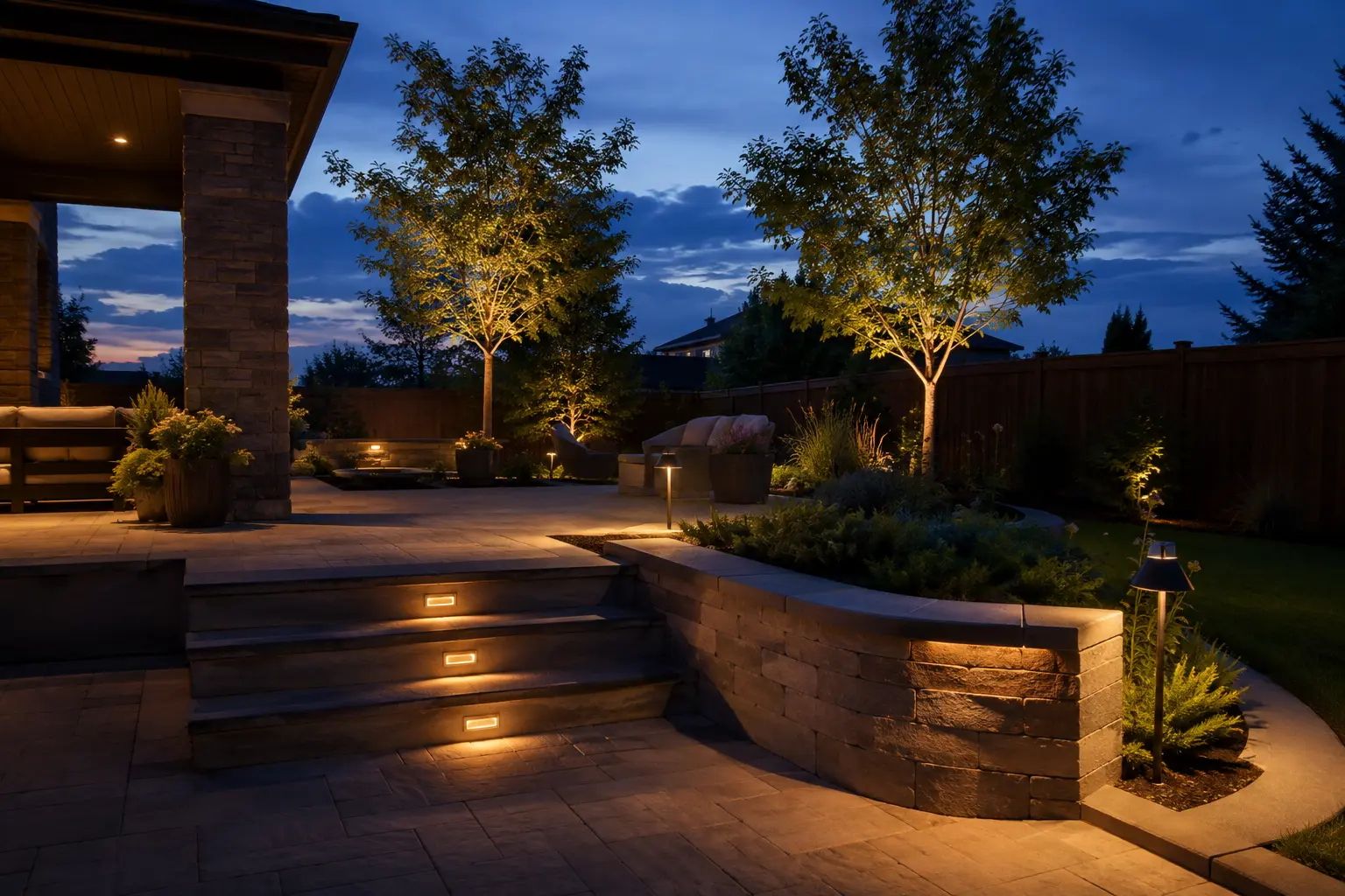 Layered outdoor lighting across steps, paths, walls, and trees at blue hour