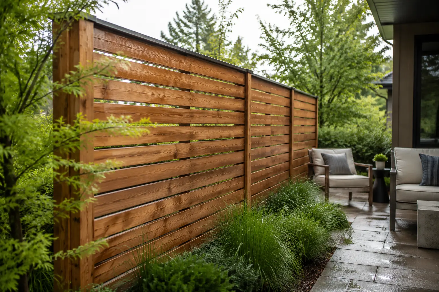 Finished horizontal cedar privacy screen beside a patio with filtered light and restrained planting